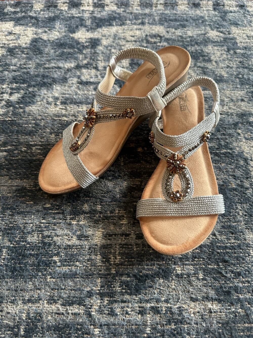 Shibever Sandals Silver Wedge Slingback Gemstones Bling EU42 Size 11-11.5 US NEW